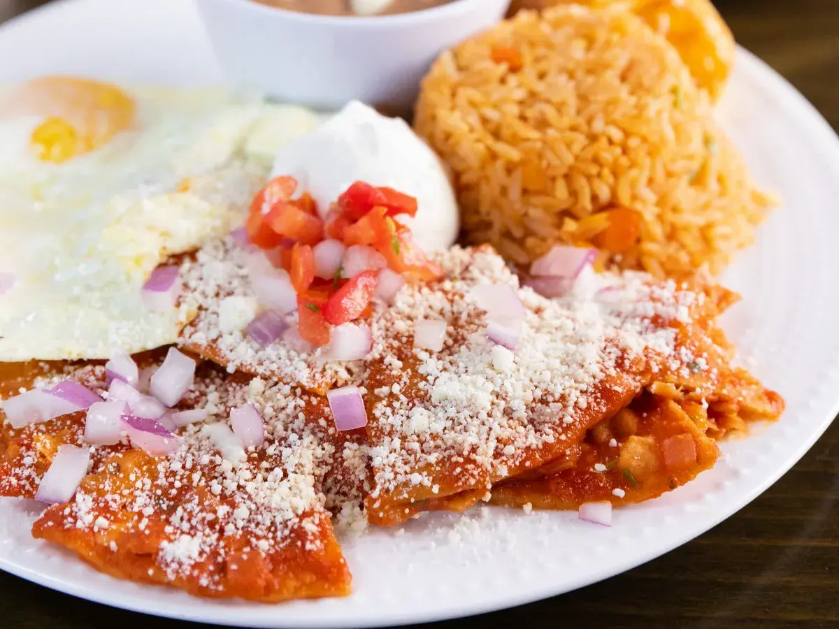 Chilaquiles Rojos con Huevos at Palomar Fish Tacos